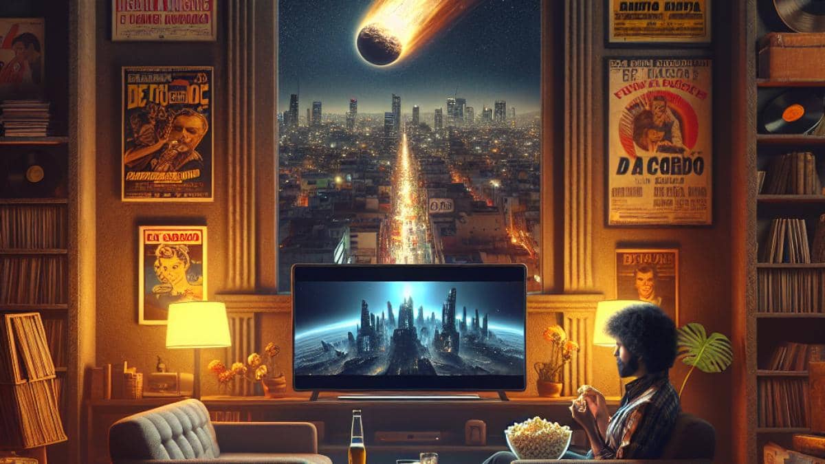 Moana, la princesa Disney más poderosa: ¿mito o realidad? 14 A photorealistic editorial image of a dramatic living room scene in Mexico City, nighttime, with a woman in her 30s sitting on a couch surrounded by dim warm lights, classic movie posters on the wall, and a laptop streaming 'Deep Impact' (Impacto profundo) showing an apocalyptic comet scene. The mood is tense yet cozy, the main subject centered and in sharp focus, holding popcorn with eyes wide in anticipation. Subtle reflections of disaster movie scenes on her face for added drama. Clean background with visible details: vintage vinyls, books, and urban window lights.