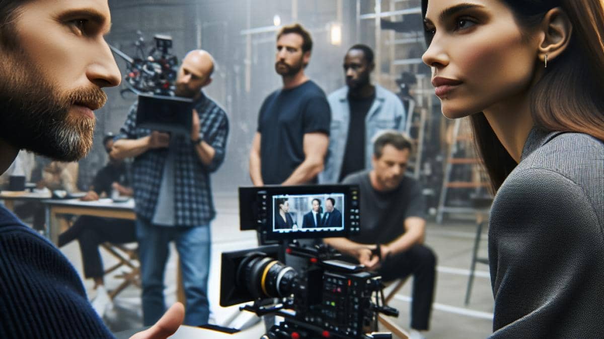 Kate Winslet and James Cameron on a modern film set, both in the center of the frame, engaged in an intense but professional conversation, photorealistic editorial style, well-lit studio environment with cameras and crew in the background, serious but respectful expressions, main subjects centered and sharply in focus.