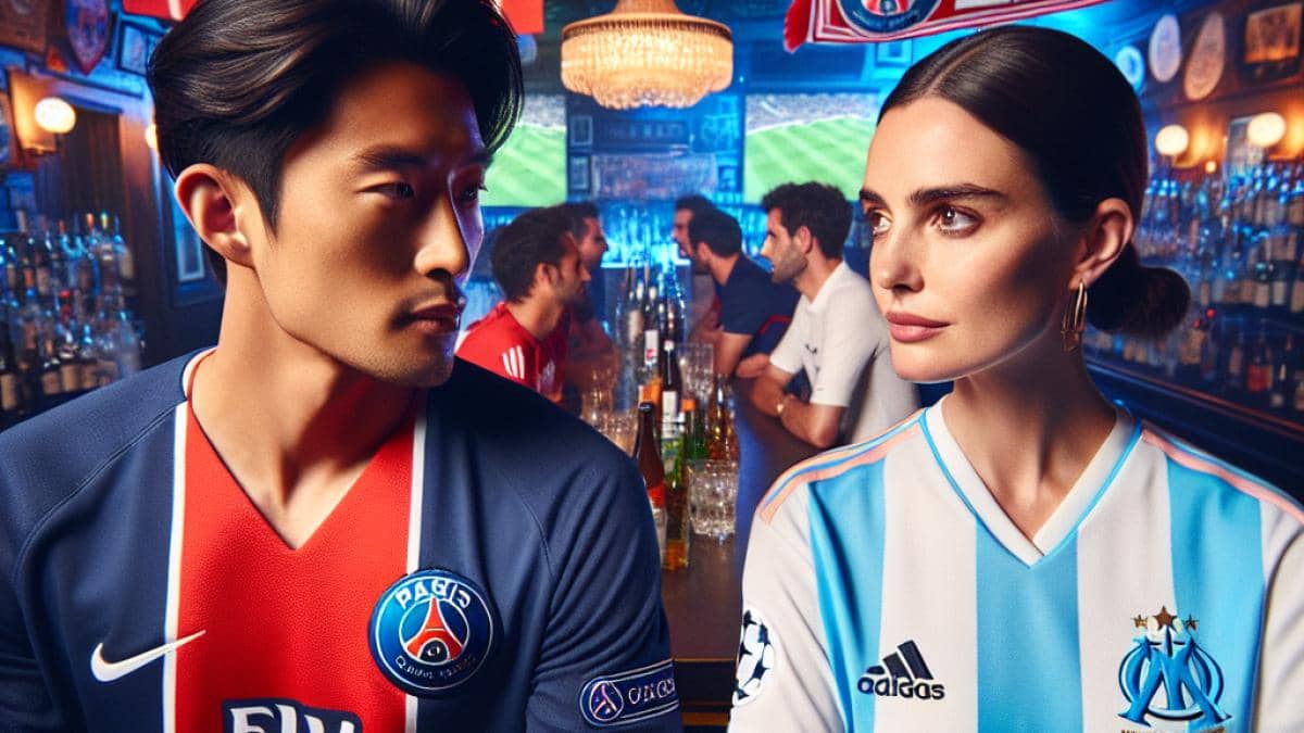Magnus Carlsen vs el mundo: ¿Por qué nadie pudo vencer (ni perder) en el ajedrez freestyle? 14 Two passionate football fans, one wearing a PSG jersey and the other an OM jersey, facing each other in a lively Parisian sports bar after the Champions League final, photorealistic editorial style, energetic atmosphere with flags and scarves in team colors, main subjects well-centered and in sharp focus, warm lighting highlighting their facial expressions of rivalry and respect.