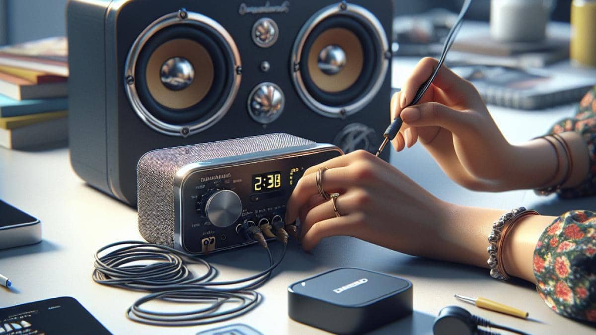 A close-up of an old wired speaker being connected to a compact Bluetooth receiver by a young tech-savvy person, photorealistic editorial style, bright well-lit room with scattered tech gadgets and books in the background, main subject (hands connecting devices) centered and sharply focused, clean desk surface, modern urban apartment vibe.