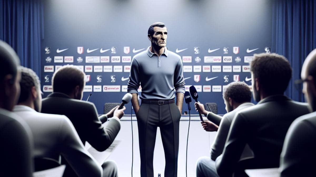 Lesiones en rugby: ¿hasta dónde arriesgar por la gloria del Top 14? 14 Zinedine Zidane at the center of a press conference, photorealistic editorial style, serious yet inspiring mood, French national team logos in the background, reporters with microphones and notepads, well-lit room with Zidane sharply in focus and centered, capturing the anticipation of his announcement.