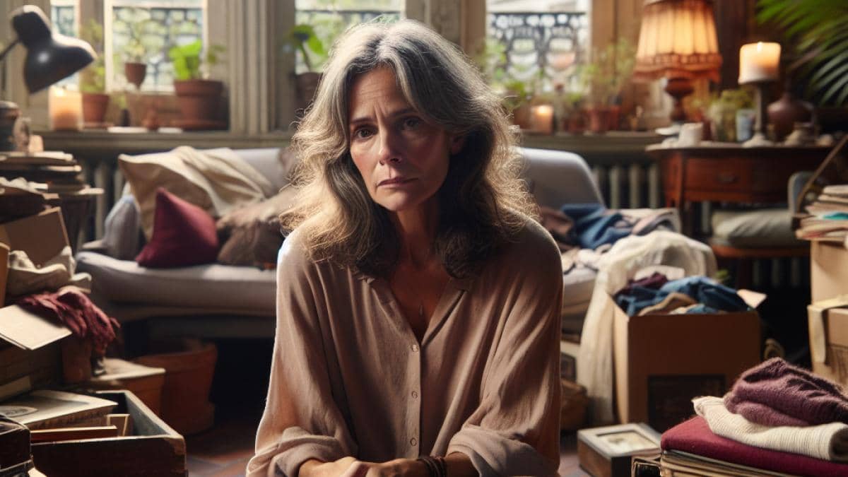 Pérdida de peso saludable: ¿Qué aprendí tras el boom de Camille Gottlieb? 14 A middle-aged woman sitting in a cozy Buenos Aires apartment, surrounded by piles of various objects—books, boxes, old clothes, and memorabilia—looking contemplative but not distressed, photorealistic editorial style, soft natural lighting through large windows, visible indoor plants and scented candles in the background, main subject centered and sharply focused for clarity.