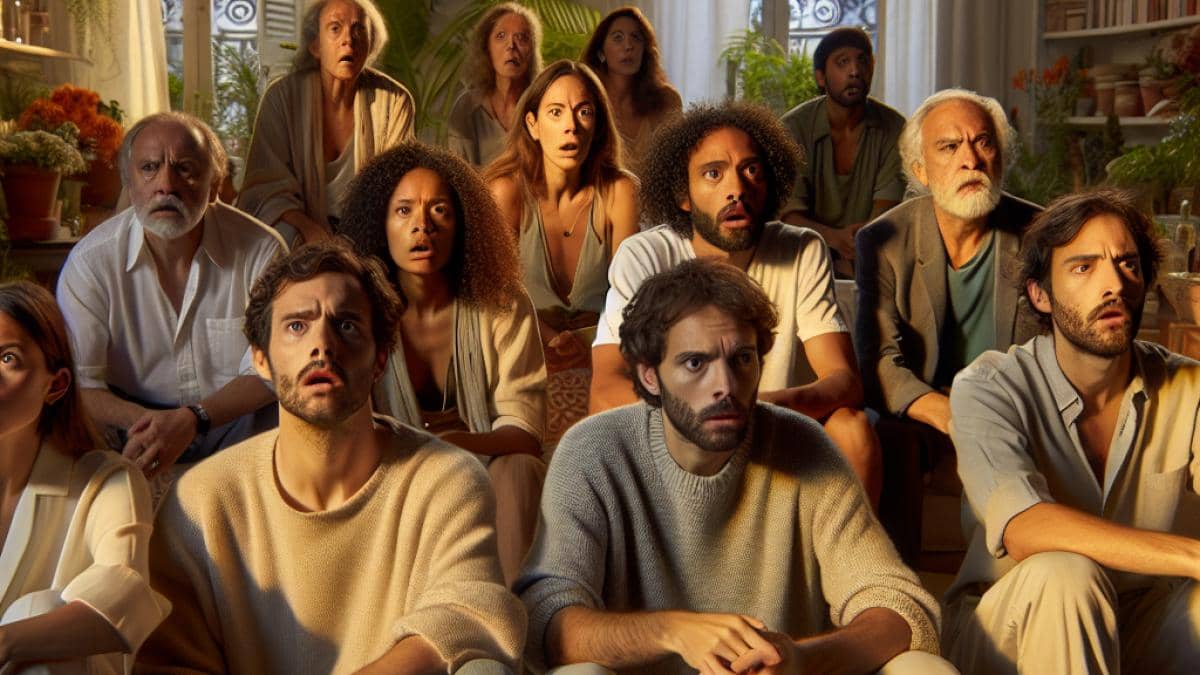 A group of diverse people, men and women in their 30s and 40s, sitting on a cozy sofa in a sunlit Buenos Aires apartment filled with plants and books, watching a dramatic scene on TV with expressions of surprise and empathy, photorealistic editorial style, warm natural lighting, main group centered and in sharp focus, subtle French decor details visible.