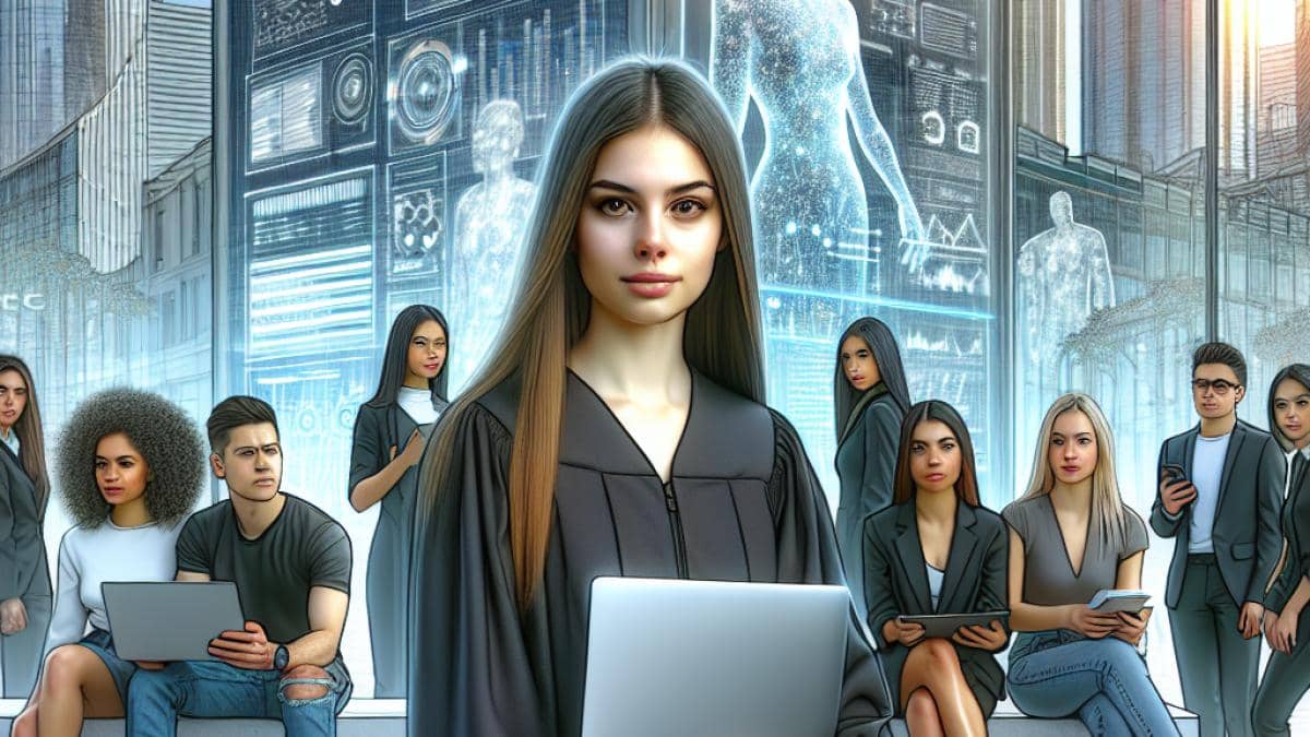 A group of young Latin American professionals, freshly graduated, standing uncertainly in front of a modern office building. In the background, a large digital screen displays artificial intelligence code and graphs, symbolizing technological disruption. The main subject is centered—a young woman with a laptop looking thoughtfully at the camera. Photorealistic editorial style, bright natural lighting, urban city setting, subtle signs of tech gadgets like smartphones and smartwatches, clean background with a hint of bustling activity.