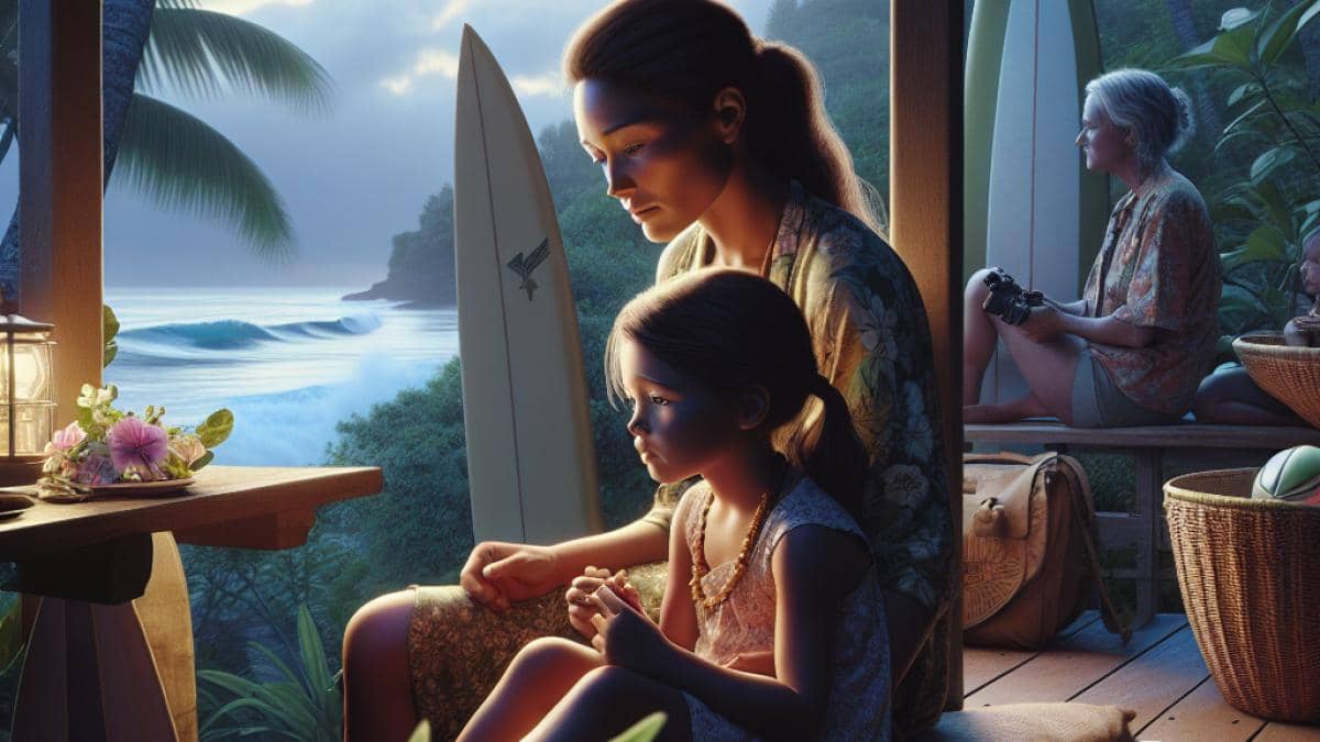 Demolition Man: El videojuego que Stallone odió y casi nadie recuerda 14 A photorealistic editorial image of a young Hawaiian woman and a little girl sitting on a sunlit porch, surrounded by lush tropical plants and surfboards. The mood is contemplative and bittersweet, with the main subjects centered and in sharp focus. In the background, subtle hints of modern tourism—like distant cruise ships or tourists with cameras—contrast with their intimate family moment. Clean, vibrant lighting highlights their expressions, capturing both nostalgia and subtle tension.