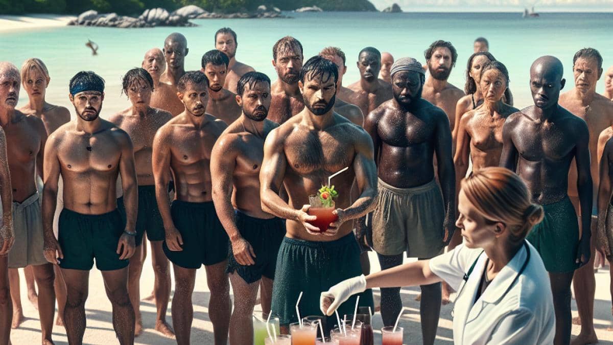 Un Si Grand Soleil: ¿Por qué nos fascinan los giros emocionales inesperados? 14 A group of tired reality show contestants on a tropical beach, centered and in sharp focus, receiving a fruit and sugar cocktail from a medical professional before a competition. Photorealistic editorial style, natural daylight, vivid details like sweat, sandy clothes, and production crew at a distance. The mood is tense but hopeful; the main subjects are clearly centered.