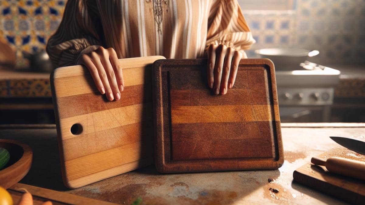 A close-up of a chef’s hands in a vibrant Andalusian kitchen, holding both a wooden and a plastic cutting board side by side, photorealistic editorial style, warm natural lighting, fresh vegetables and aromatic herbs on the countertop, rustic Spanish tiles in the background. The chef’s face is out of frame to keep focus on the boards. Centered composition with both boards clearly visible and in sharp focus.