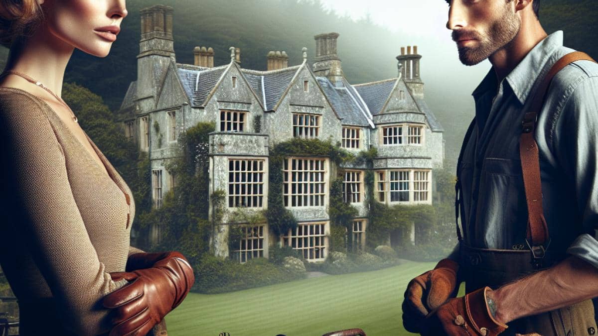 Predator: Asesino de asesinos redefine la animación sci-fi, ¿listo para la locura? 14 A central shot of a 1920s English countryside manor, with a refined woman in vintage attire standing at the center, gazing longingly toward a rugged gamekeeper in working clothes. The pair is surrounded by lush greenery and subtle mist, evoking secrecy and intimacy. Photorealistic editorial style, natural daylight, the main subjects sharply in focus at the center, period props like leather-bound books and rustic tools add authenticity.