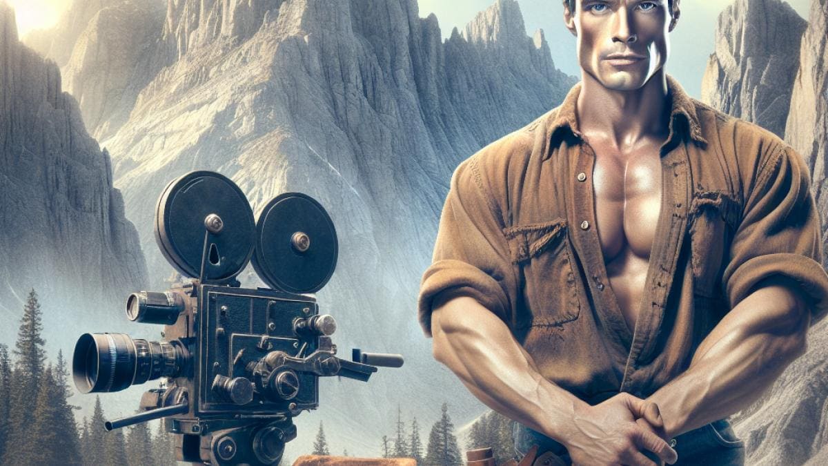 Sylvester Stallone in the early 90s, standing confidently in front of a rugged mountain backdrop reminiscent of the Rocky Mountains, photorealistic editorial style, daylight with crisp natural lighting, vintage film equipment and a leather-bound director's notebook in hand, main subject centered and sharply in focus, subtle nods to classic action movies in the background.