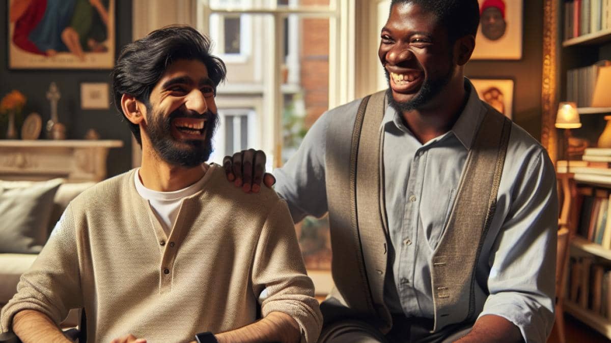 Two men, one in a wheelchair and the other standing beside him, sharing a genuine laugh in a cozy living room filled with art and books, photorealistic editorial style, warm natural lighting, elegant European décor, both men well-centered and in sharp focus, subtle background with movie posters and family photos.