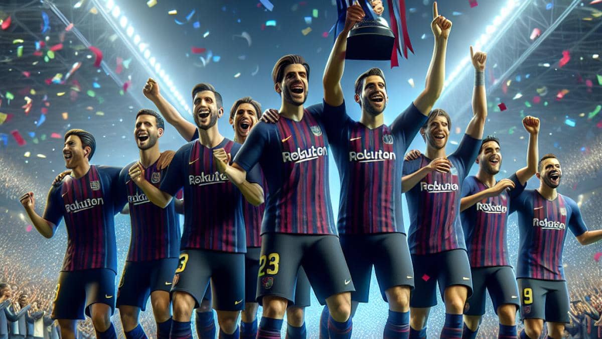 A group of Paris Saint-Germain players celebrating on the field after winning the Champions League, photorealistic editorial style, joyful expressions, confetti in the air, modern stadium background at night, trophy prominently displayed in center, well-lit and vibrant atmosphere, main subjects well-centered and in sharp focus.