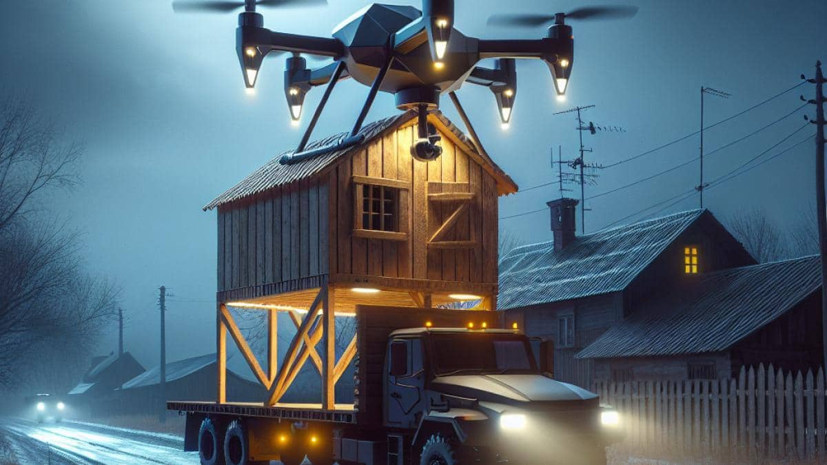 ¿Eco Freezer Slim de estudiantes mexicanos? El truco real tras el ventilador sin electricidad 14 A realistic editorial photo showing a Ukrainian FPV drone being launched from a wooden structure mounted on a truck disguised as a house, in the dead of night. The main subject is the drone, sharply in focus and centered, emerging from an opening rooftop. Surroundings hint at secrecy—dimly lit rural road, cold atmosphere, subtle military presence in the background. Photorealistic style, dramatic but natural lighting emphasizing stealth and innovation.