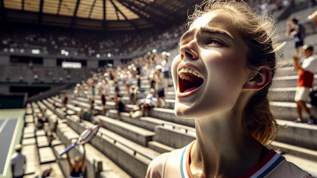 Tennis femenino en Roland-Garros: ¿Qué hace única a Loïs Boisson este 2024? 14 A young French female tennis player celebrating passionately at the center of a nearly empty stadium, photorealistic editorial style, midday sunlight casting strong shadows, visible empty seats in the foreground and background, focused on the athlete’s emotion and determination, with a few scattered spectators slowly returning to their places. Main subject is sharply centered and in focus, capturing both her triumph and the unusual emptiness around her.