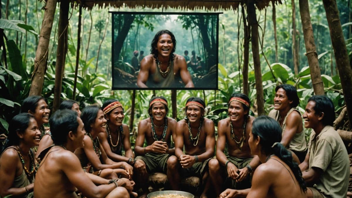 James Bond 007 First Light: ¿El videojuego marca el futuro del agente en el cine? 14 A group of indigenous Amazonian villagers seated together under a rustic canopy, laughing heartily while watching a projected movie on a makeshift outdoor screen, photorealistic editorial style, soft daylight filtering through jungle foliage, tribal details visible in clothing and surroundings, main subjects centered and in sharp focus with the jungle subtly blurred in the background.