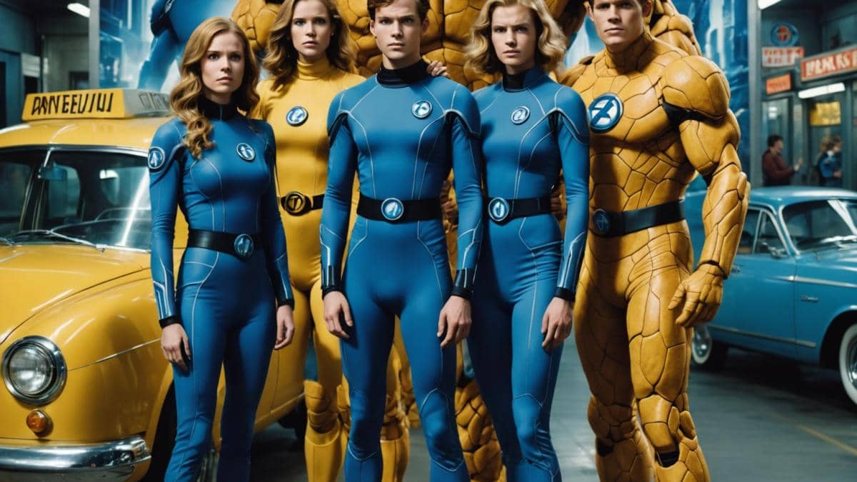 Mariés au premier regard: ¿Qué nos enseña el reality sobre las relaciones auténticas? 14 A group of four actors dressed as the Fantastic Four, standing uneasily in front of a large, retrofuturistic movie poster with overwhelming blue tones and cluttered elements like a yellow taxi and a classic diner. Editorial photorealistic style, well-lit indoor setting, slight look of confusion or disappointment on their faces, poster centered behind them in sharp focus, clean background highlighting the main subjects.