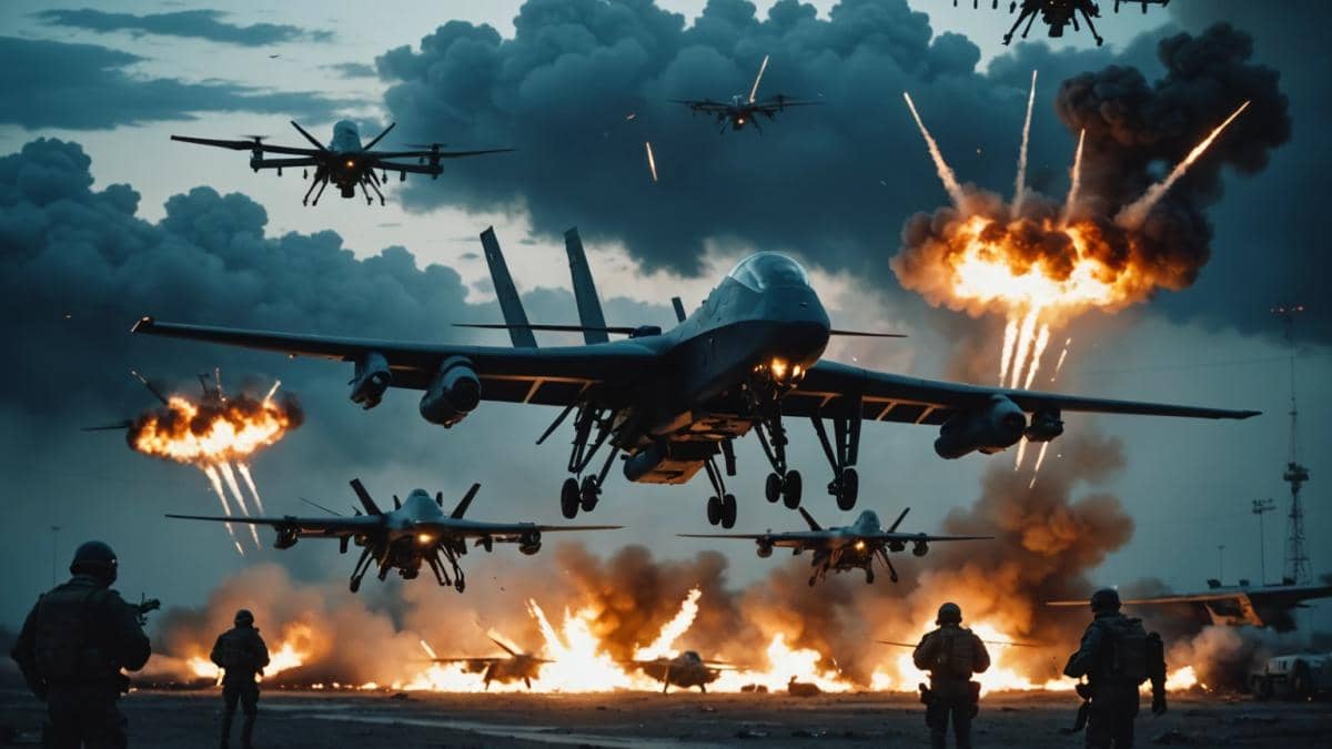 Drones de fibra óptica en Ucrania: ¿por qué las tijeras son el arma secreta? 14 A group of advanced military drones flying over a Russian airbase at night, explosions visible on the ground, photorealistic editorial style, moody blue lighting with sharp contrast, satellite imagery overlays in the sky, Russian strategic bombers burning and damaged at the center of the scene, high-tech ambiance, main subjects (drones and destroyed aircraft) well-centered and in sharp focus, crisp details with a slightly dramatic atmosphere.