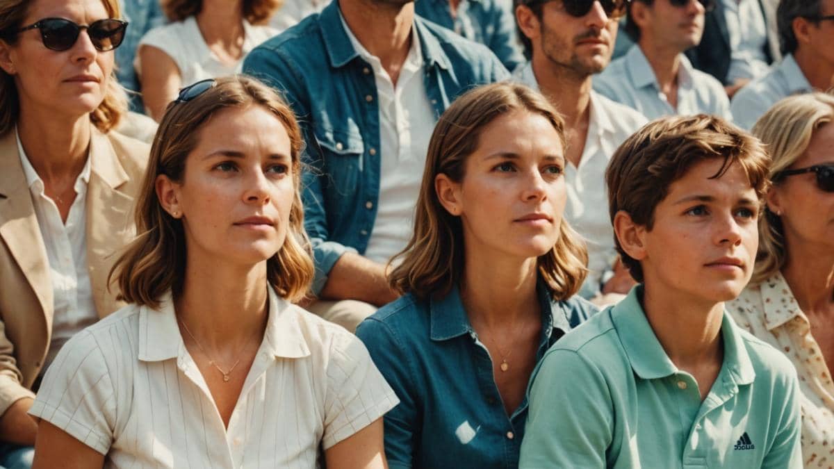 Roland Garros 2025: ¿Por qué el tenis se ha convertido en el nuevo escaparate de la cultura pop? 14 A family attending a high-profile tennis match at Roland-Garros, photorealistic editorial style, parents and children seated together in the stadium stands, vibrant crowd in the background, warm afternoon sunlight, stylish yet casual outfits, main family group well-centered and in sharp focus, capturing genuine moments of bonding and excitement.