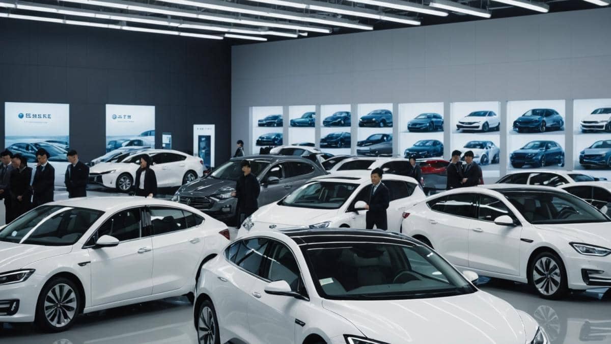 Motores V8 Hemi: ¿Por qué su regreso a RAM 1500 emociona (y divide) tanto? 14 A center-focused photorealistic editorial image showing a modern car dealership in China, with rows of shiny electric vehicles under bright showroom lights. Salespeople stand beside the cars, some holding paperwork, while digital screens display impressive sales numbers. In the foreground, a pristine 'used' electric car still wrapped in protective plastic covers is prominently displayed, with curious buyers examining it. The atmosphere is dynamic and slightly tense, capturing both excitement and underlying uncertainty. The main subject—a sparkling electric car—must be perfectly centered and in sharp focus, with clear signage indicating it's 'second-hand', clean background.