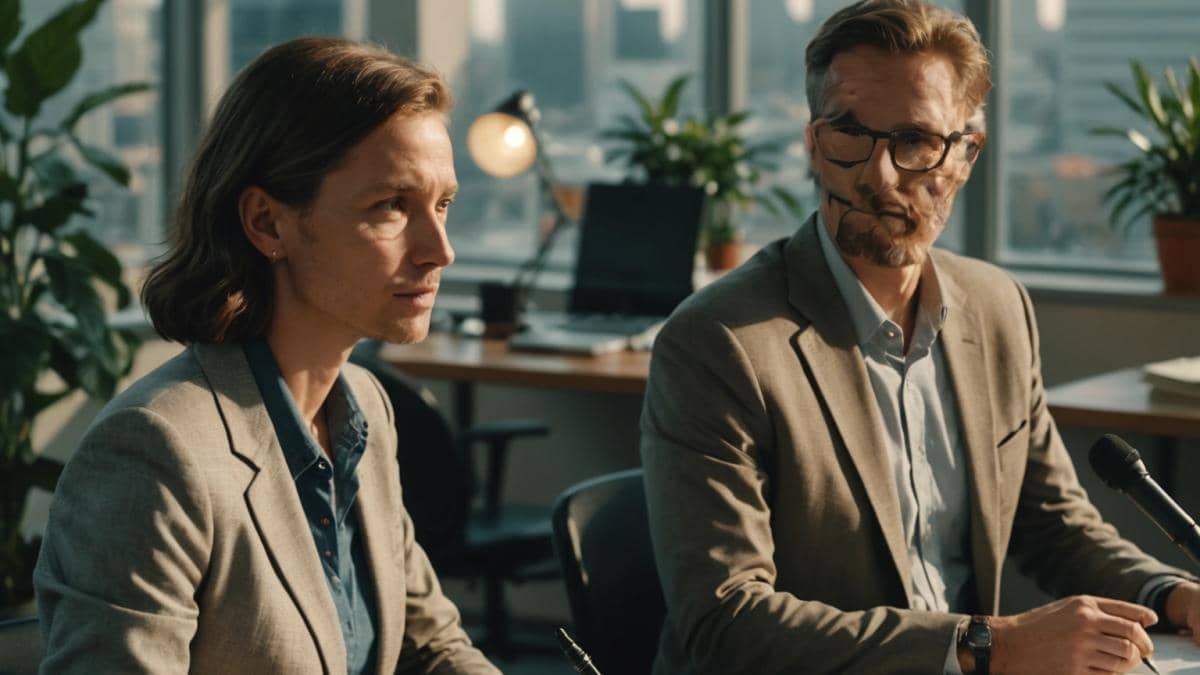 Two professional colleagues in a modern newsroom, sitting at a round table with microphones and notes, photorealistic editorial style, warm lighting, subtle cityscape through large windows, both subjects well-centered and in sharp focus, showing friendly body language but maintaining a professional distance. Subtle plants and books in the background for an inviting atmosphere.