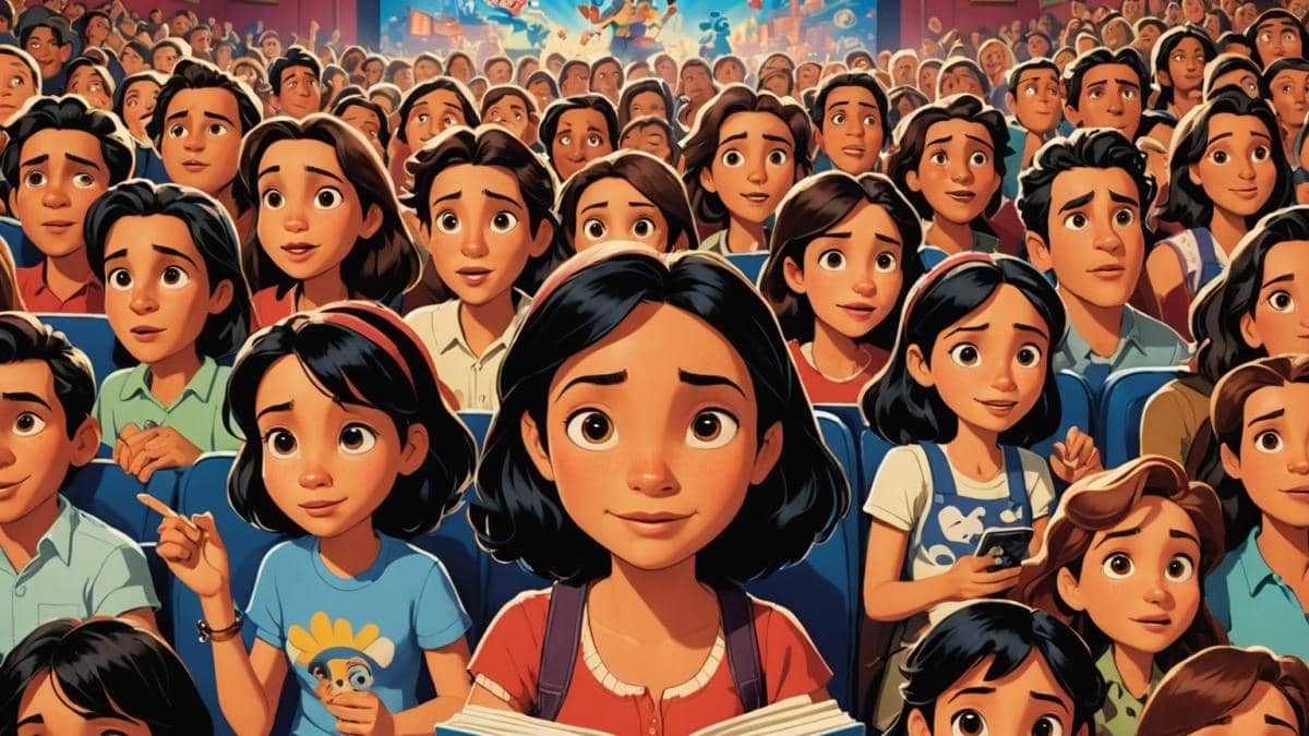 Javier Ambrossi: Envidia, humildad y el lado oculto del éxito familiar 14 A central, photorealistic editorial-style image of a packed Madrid cinema with excited families and young adults watching a vibrant movie scene from Lilo & Stitch on the big screen. In the center, a sharp focus on a woman in her 30s with curly hair jotting notes in a well-worn notebook, surrounded by nostalgic film posters and plush toys. Warm lighting, joyful expressions, clean background highlighting the communal experience of moviegoing.