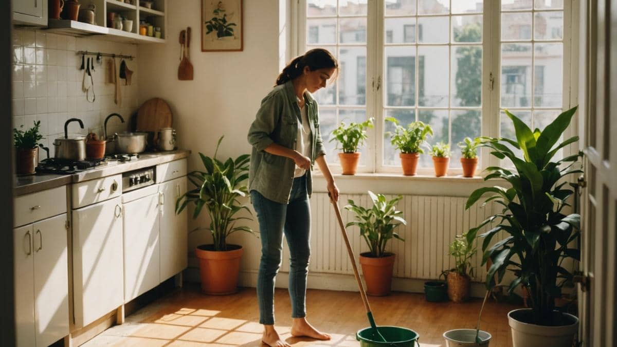 Eliminar formigas: lo que realmente funciona (y lo que es puro mito) en tu hogar y jardín 14 A cozy Buenos Aires apartment, bright and full of green indoor plants, a woman mopping the floor with a bucket and natural cleaning products on display (white vinegar, Castile soap, baking soda), photorealistic editorial style, warm afternoon light streaming through windows, relaxed mood, main subject centered and in focus, minimalistic background highlighting cleanliness.