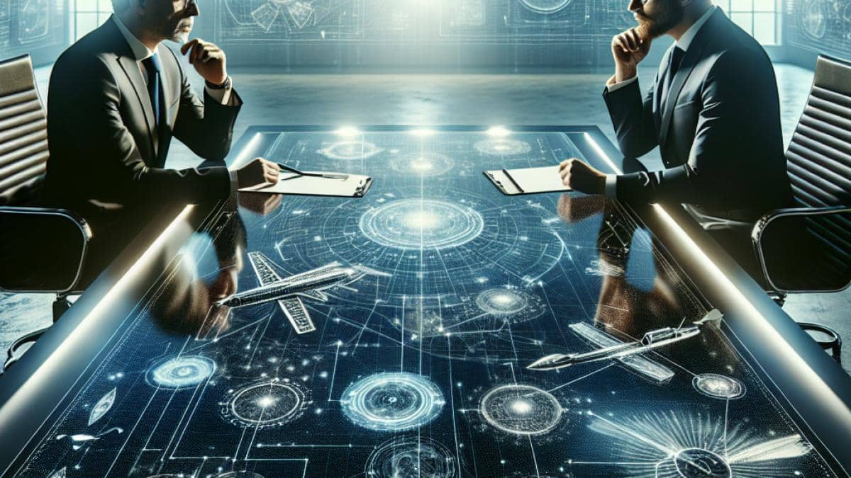 Apple y Elon Musk: ¿Perdió Apple la gran revolución del internet satelital? Tim Cook and Elon Musk, facing each other across a sleek conference table, with futuristic satellite schematics and iPhones at the center, photorealistic editorial style, tense but visionary mood, bright office lighting with high-tech Apple and SpaceX elements subtly visible.