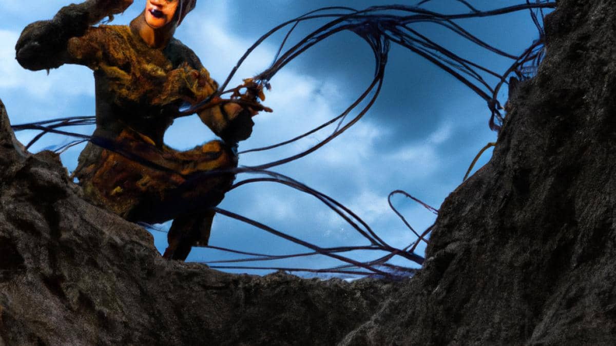 Drones con fibra óptica en Ucrania: ¿por qué las tijeras son el nuevo escudo? A Ukrainian soldier crouched in a muddy trench, holding a pair of scissors and cautiously scanning the sky, while a thin fiber optic cable snakes overhead toward a looming drone, photorealistic editorial style, tense and dramatic atmosphere with harsh daylight, war-torn landscape in the background, focus on the soldier and cable at the image center.