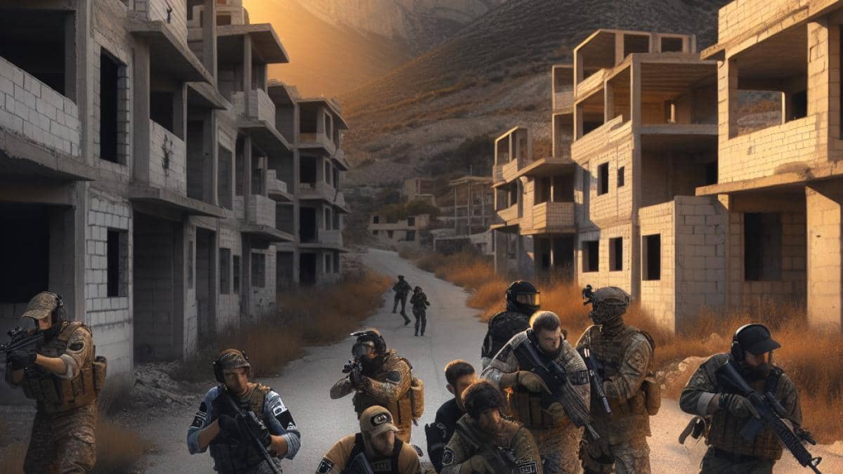 Airsoft en Siete Aguas: el ‘Call of Duty’ real que transformó una urbanización fantasma A group of passionate airsoft players in realistic military gear, engaging in a mock tactical battle within an abandoned housing development in Siete Aguas, Valencia; photorealistic editorial style, golden afternoon sunlight filtering through empty concrete buildings and unfinished homes, main subjects centered and clearly focused as they strategize and move through the deserted streets, background shows the rugged mountain landscape, adding drama and realism.
