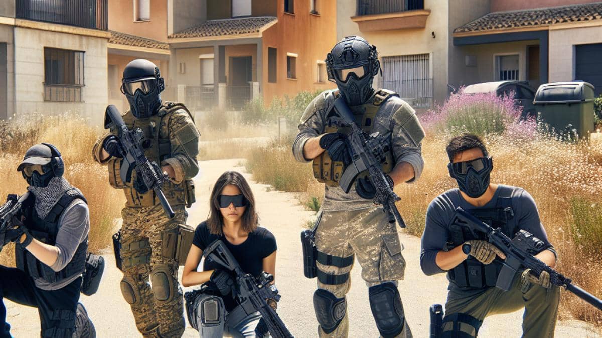 Airsoft en la España vaciada: ¿Un Call of Duty real entre ruinas olvidadas? A group of airsoft players in full tactical gear, engaged in a mock battle among abandoned modern Spanish suburban houses, photorealistic editorial style, bright midday sunlight, dusty streets with overgrown grass and weathered facades, main subjects centered and in sharp focus, capturing intensity and camaraderie, clean yet atmospheric background.