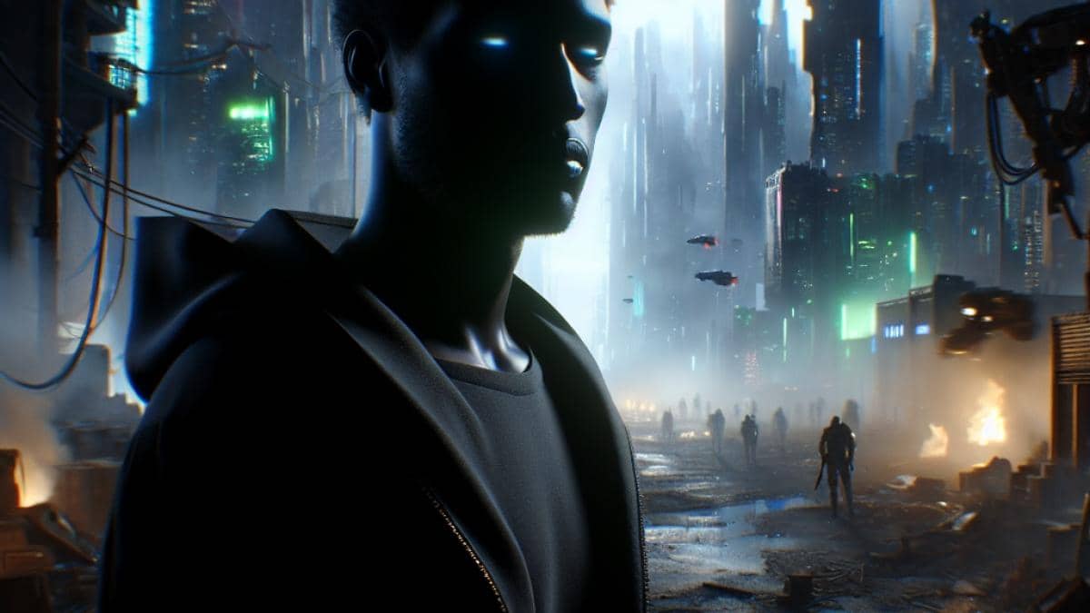 Resistencia en Prime Video: ¿Por qué esta joya sci-fi merece otra oportunidad? John David Washington as Joshua, standing in a devastated futuristic city, photorealistic editorial style, intense and moody lighting, cyberpunk elements like neon signs and robotic drones in the background, dramatic atmosphere centered on the protagonist.