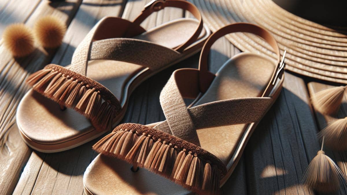 Sandalias Lidl: ¿La alternativa viral a Havaianas este verano? A well-centered pair of trendy Lidl sandals with boho fringe, displayed on a sunlit wooden deck next to a summer hat and sunglasses, photorealistic editorial style, soft warm lighting, crisp details showing the cross straps and esparto insole, relaxed summer mood with subtle beach accessories in the background, main subject sharply in focus at the center.