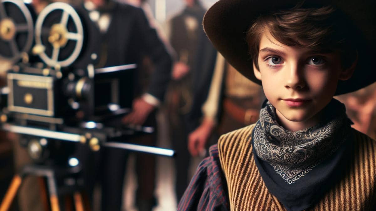 Regreso al futuro III: ¿El gesto secreto de Verne que nadie notó? A focused, editorial-style shot of a vintage film set, showing a young boy actor dressed in late 19th-century Western attire making an odd gesture during filming. Photorealistic lighting, slightly muted colors for a nostalgic mood. The boy is well-centered and in sharp focus, with movie cameras, period props, and crew blurred in the background to evoke the atmosphere of a classic Hollywood production.