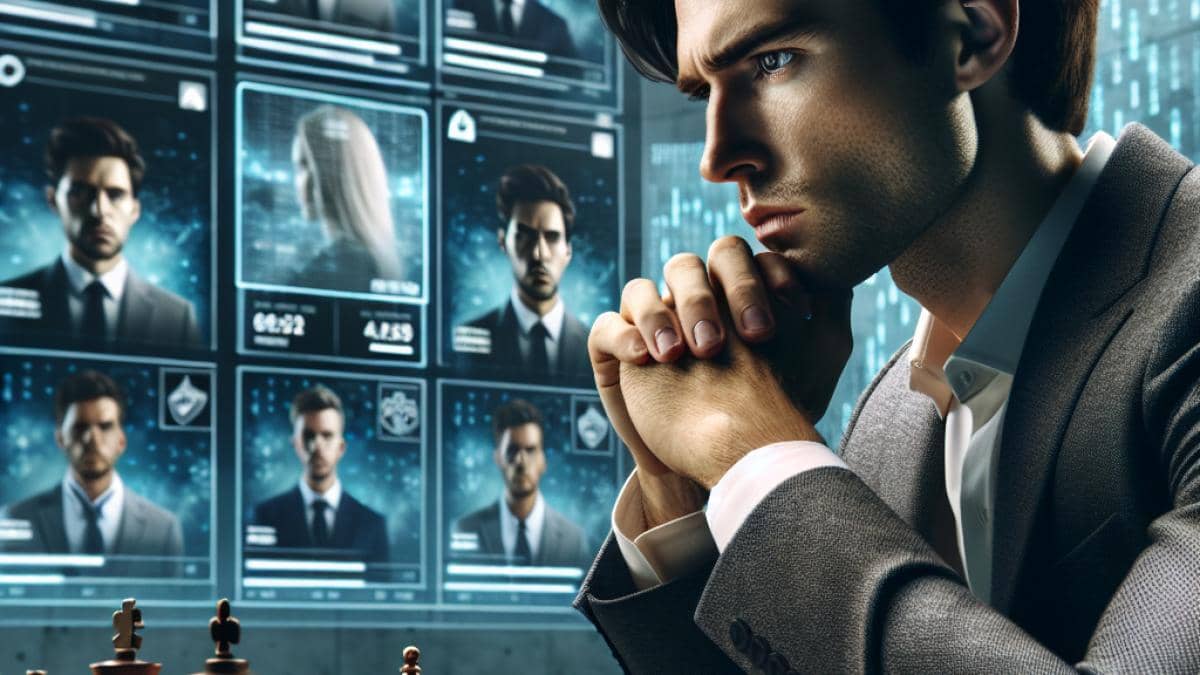 Magnus Carlsen vs el mundo: ¿Por qué nadie pudo vencer (ni perder) en el ajedrez freestyle? Magnus Carlsen sitting at a chessboard, deep in thought, facing a large digital screen displaying thousands of user avatars as his opponent, photorealistic editorial style, modern lighting with dramatic highlights on Carlsen's focused face, sleek chess pieces and a stylish tournament backdrop, main subjects centered and sharply in focus.