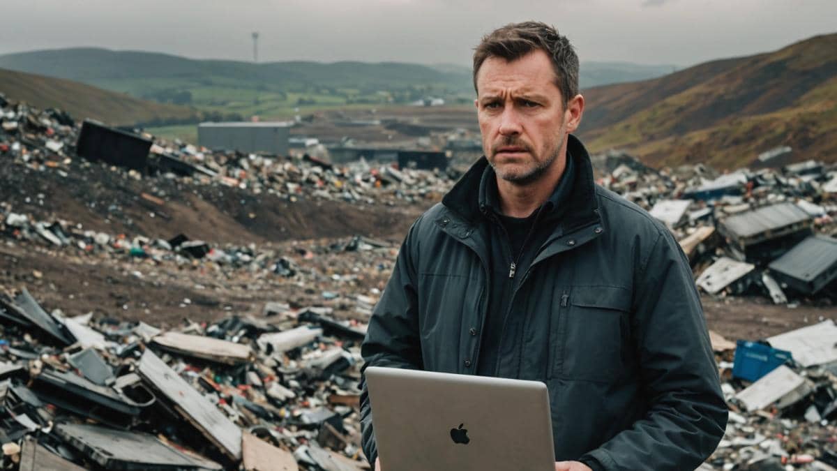 Bitcoin perdido: ¿puede un simple error arruinar tu vida digital? A focused, realistic editorial photo of a frustrated man in his early 40s, standing in front of a massive landfill in Wales, holding a faded laptop and looking determined. The main subject is well-centered and sharply in focus. In the background, heaps of trash, scattered electronics, and distant misty hills are visible under cloudy skies. The mood is tense yet hopeful, with natural lighting highlighting the man's expression. Editorial style for a tech story.