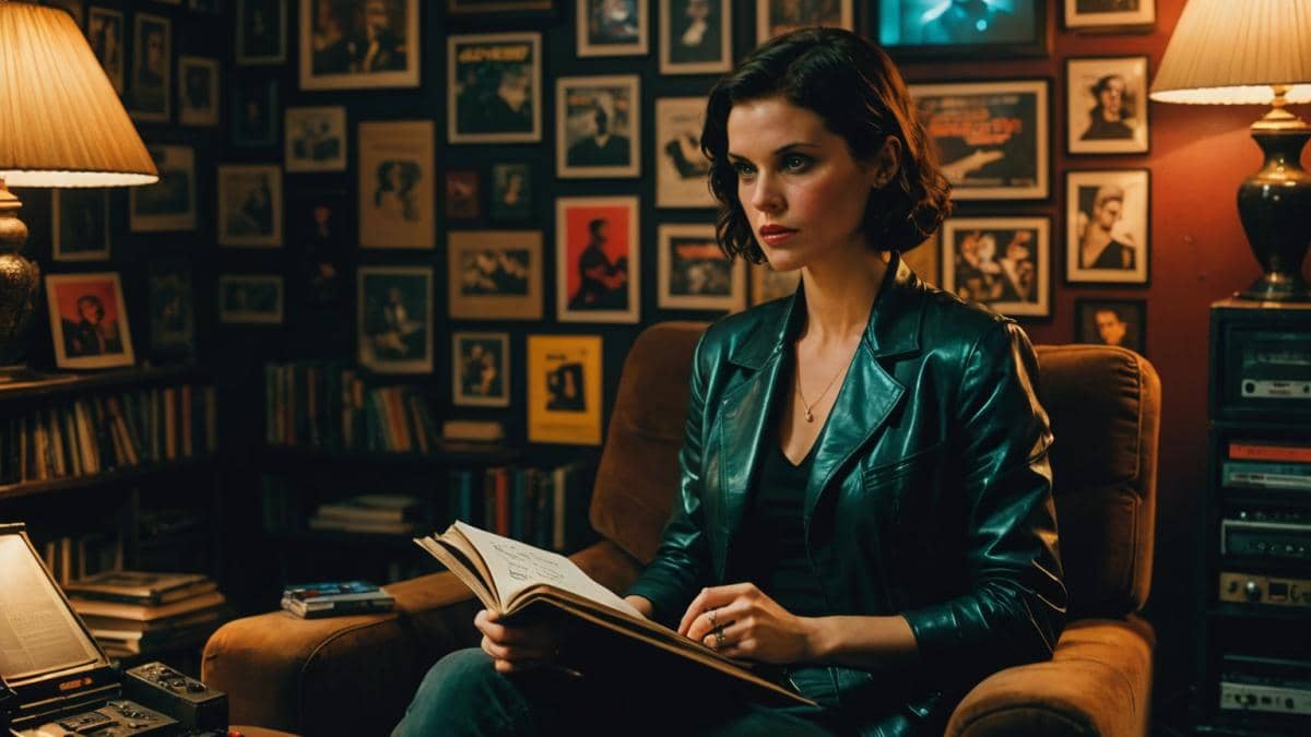 Blade Runner en Prime Video: ¿Por qué este clásico nunca envejece? A moody editorial-style photograph of a cinephile woman in her thirties, seated on a vintage armchair in a dimly-lit room filled with vinyl records, classic movie posters (including Blade Runner), and stacks of books. She holds a notebook, scribbling notes while watching Blade Runner projected on a wall. Neon reflections illuminate her thoughtful expression. Main subject well-centered and in sharp focus, atmospheric lighting, cozy yet urban vibe.