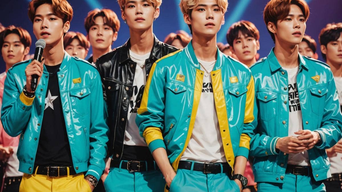 Five charismatic K-pop idols (resembling Shinee) on stage during a high-energy concert, warm lighting and glowing fans in the background holding lightsticks, a subtle tribute photo of Jonghyun visible near the center, photorealistic editorial style, emotional atmosphere, vivid colors, main group well-centered and in sharp focus, details like microphones and stylish outfits evident.
