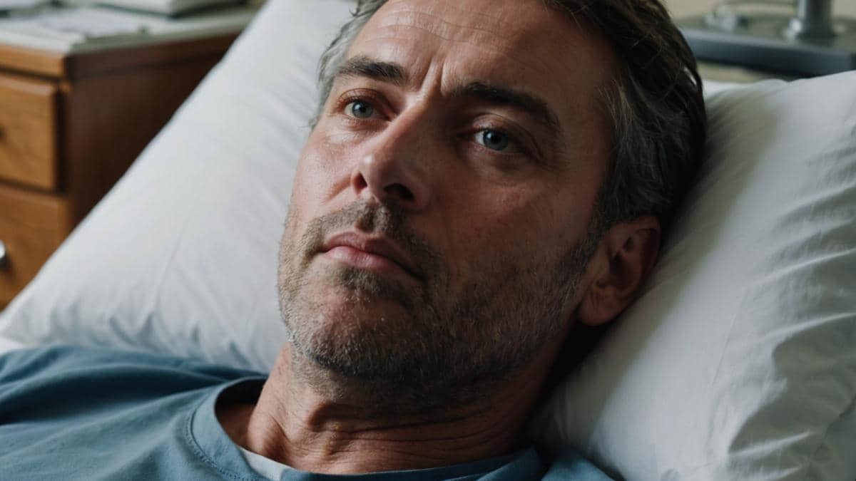 A close-up of a man's face, lying in a hospital bed, one eye wide open and intense, the other half-closed; medical equipment subtly in the background; photorealistic editorial style with soft morning light streaming through a window; a notebook and pen at his bedside; the main subject sharply centered and in focus, evoking introspection and resilience.