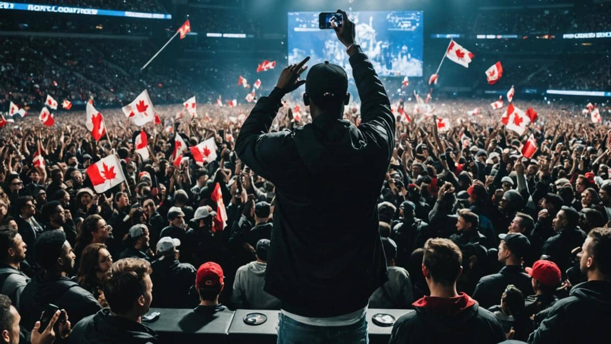 Drake vs Kendrick: ¿Por qué Toronto vibra con cada beef y qué no te cuentan? A crowded hip-hop concert at Toronto's Rogers Centre, photorealistic editorial style, passionate fans waving Canadian flags and OVO owl merch in the air, moody lighting with spotlights on stage, a well-dressed politician in the center of the crowd glancing at his phone, tense yet celebratory vibe, main subjects centered and in sharp focus, clean background highlighting the energy of the scene.