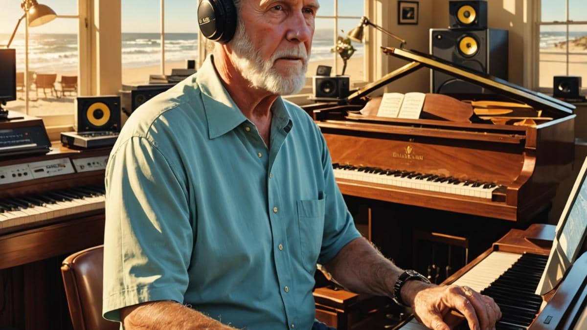 Brian Wilson y el eco eterno de los Beach Boys: ¿por qué sigue tocando nuestra fibra? A photorealistic editorial image of an elderly Brian Wilson, seated at a grand piano surrounded by vintage recording equipment, golden California sunlight streaming through large studio windows. The setting evokes both nostalgia and creativity, with iconic Beach Boys vinyls and surfboards in the background. Brian is centered, focused and reflective, gentle smile, wearing headphones. Clean, warm lighting, the main subject sharply in focus.