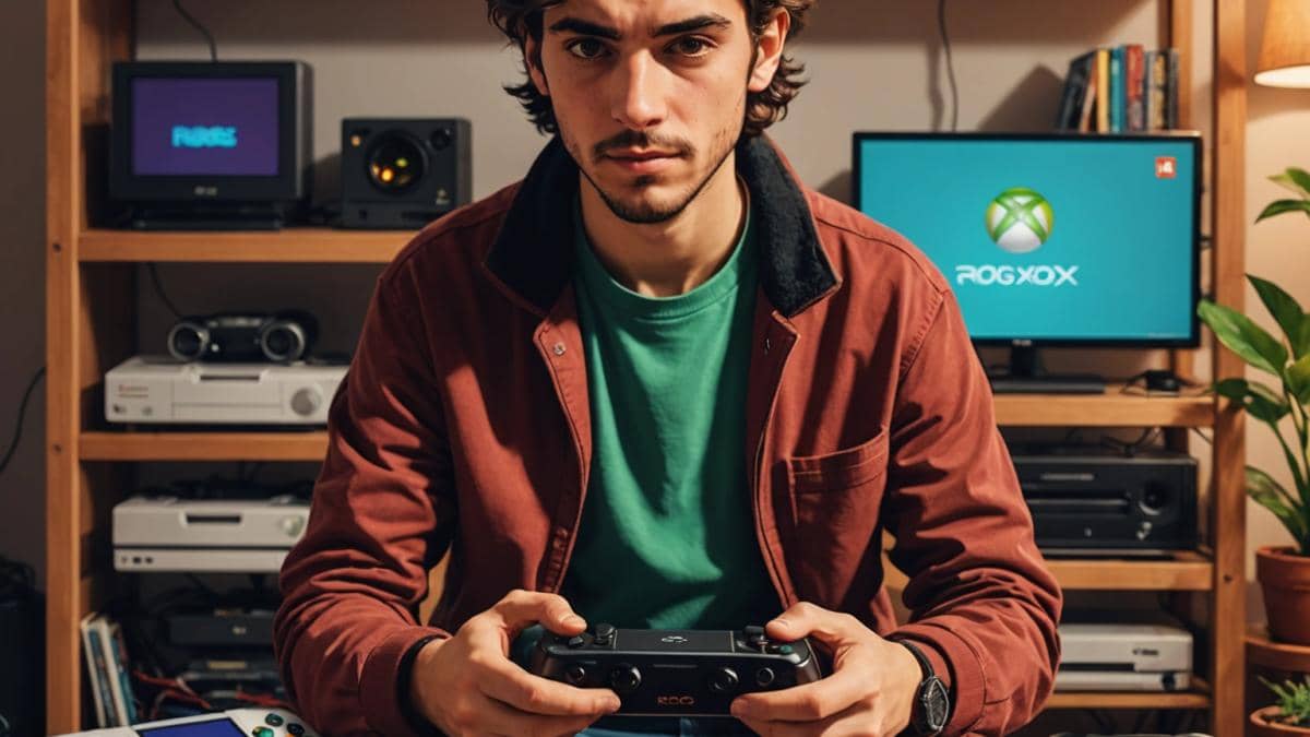 Xbox portátil: ¿Fracaso o nueva estrategia? Mi visión tras la cancelación A young Spanish indie game developer, surrounded by retro and modern consoles in a cozy apartment, holding a handheld gaming device (ROG Ally) while glancing thoughtfully at an Xbox controller on the table; photorealistic editorial style, warm natural lighting, shelves with classic game boxes in the background, main subject well-centered and sharply focused, creating an atmosphere of curiosity and tech passion.
