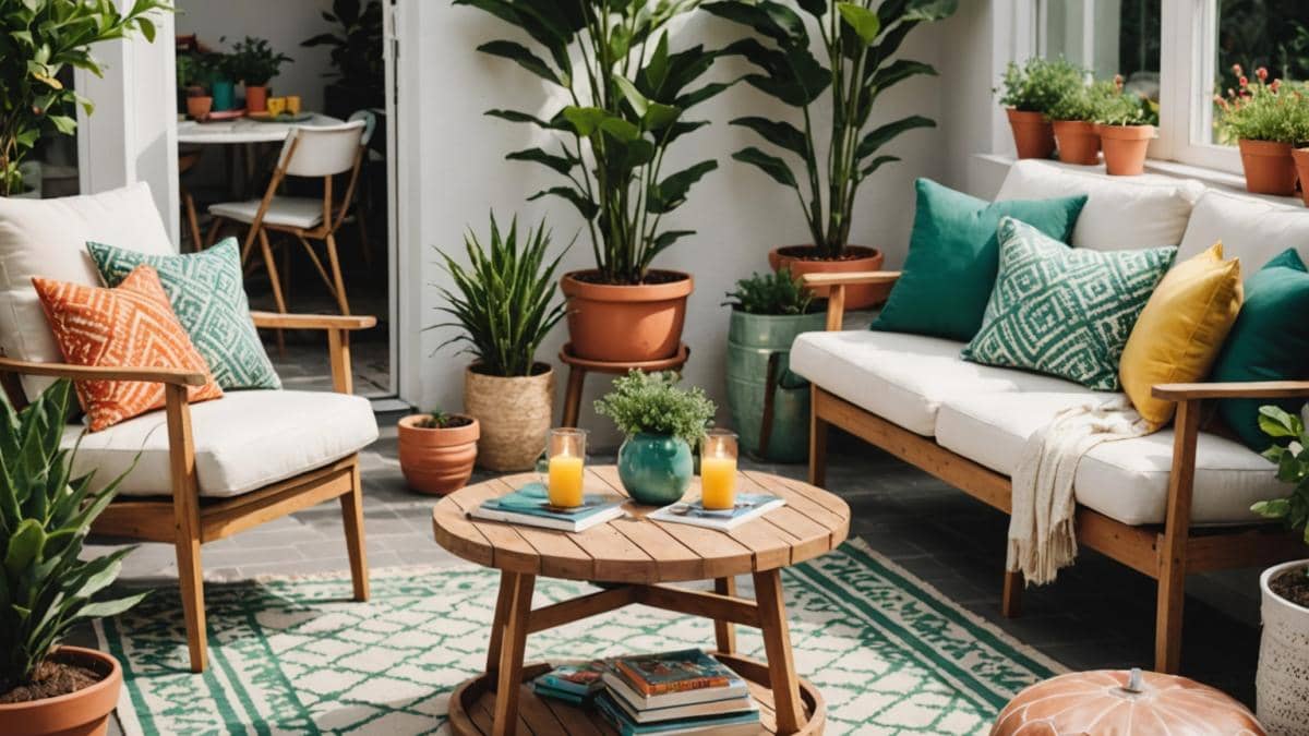 Patio triste a oasis luminoso: secretos para un salón exterior vibrante A cozy and luminous outdoor patio transformed into a vibrant living room, photorealistic editorial style, natural sunlight filtering through white-painted walls, geometric-patterned light rug at the center, comfortable seating with colorful cushions, green potted plants, decorative details like candles and books on the table, cheerful atmosphere, main area well-centered and in sharp focus.
