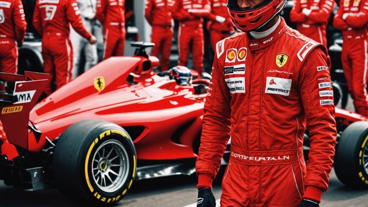 Fichaje de Lewis Hamilton: ¿Por qué el desastre en Ferrari podría ser una oportunidad oculta? Lewis Hamilton in a bright red Ferrari racing suit, standing beside his car in the Formula 1 paddock, editorial photorealistic style, tense and introspective mood, busy pit lane background with Ferrari team members discussing strategy, main subject well-centered and sharply focused, clear lighting emphasizing emotion.