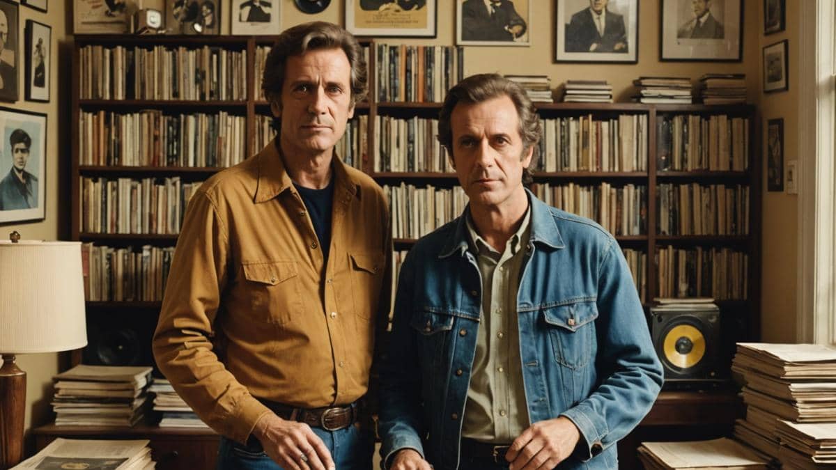 Joe Dassin y el eco de un legado: ¿cómo se esfuma una fortuna musical? A photorealistic editorial-style image of two middle-aged men (Jonathan and Julien Dassin) standing center in a sunlit room filled with vintage vinyl records, framed gold records on the walls, and a faded poster of Joe Dassin. They are surrounded by stacks of old documents, a classic guitar leaning against a wall, and rays of natural light illuminating their thoughtful faces. The mood is nostalgic yet contemplative, capturing both the weight of legacy and quiet resilience. Main subjects are well-centered and in sharp focus.