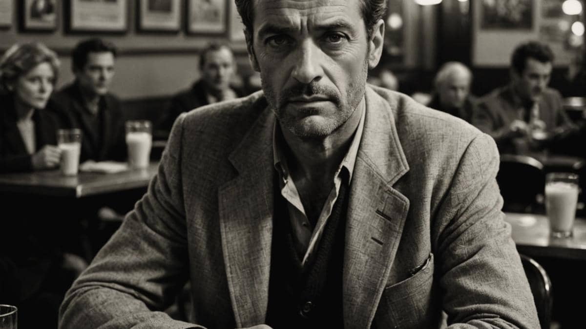 Gérard Lanvin: el rebelde del cine francés que nunca se calla (y lo que nadie te cuenta) A middle-aged French actor with intense eyes and a rugged presence sits at a café table covered with old movie scripts and black-and-white photos, editorial style, warm lighting. The background shows classic French film posters. The main subject is clearly centered and in sharp focus, exuding charisma and defiance.