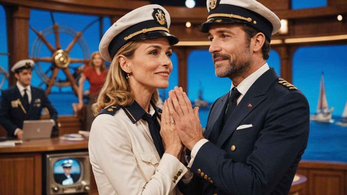 “Tout le monde a son mot à dire”: El adiós inesperado que nos recuerda el valor de reinventarse A well-centered, emotional scene of a TV set farewell in France, photorealistic editorial style, two co-hosts in captain hats embrace amid studio lights and applauding crew, bittersweet mood, subtle French details like a 'Love Boat' motif, props like ship's wheel and microphone visible, clean bright background, main subjects sharply in focus at center.