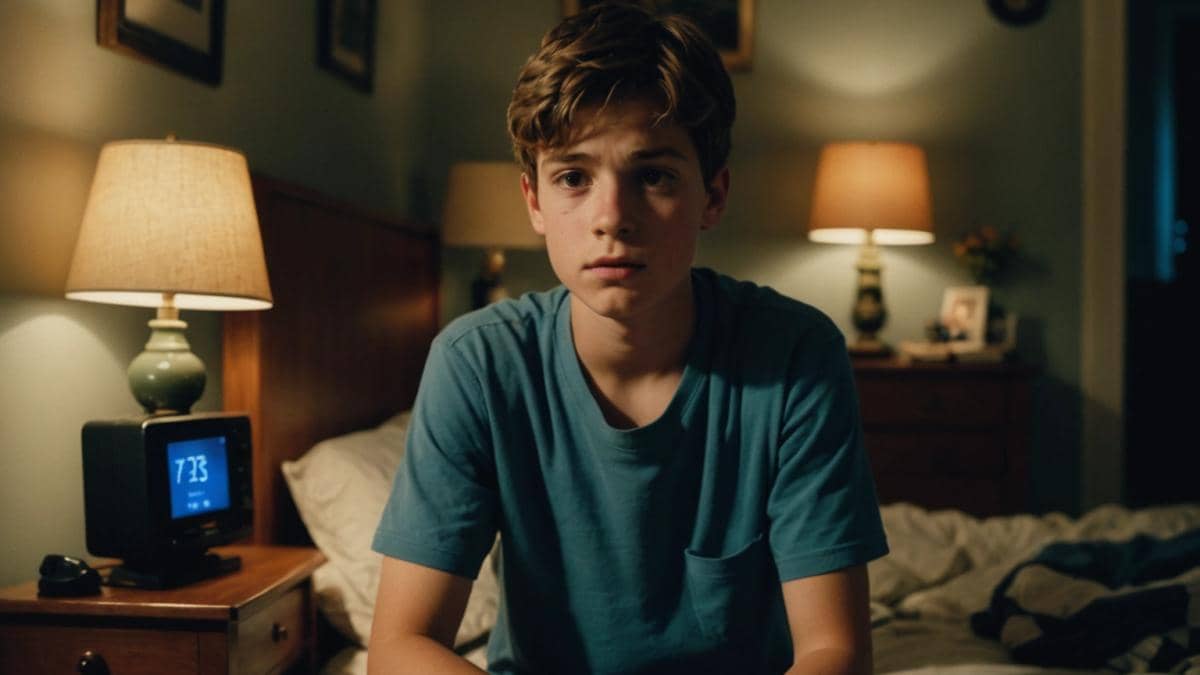 A teenage boy sitting on the edge of his bed at night, looking anxious, with a worried parent checking a home alarm system in the background; photorealistic editorial style, soft moody lighting, subtle details like a security panel, modern French home interior, main subject (the boy) centered and in sharp focus, conveying vulnerability and family tension.
