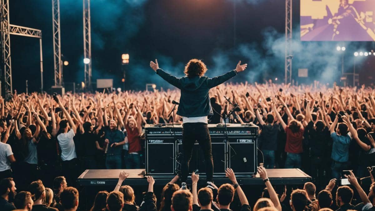 Turnstile performing live on a massive outdoor stage, photorealistic editorial style, energetic band members jumping and engaging with a diverse crowd, vibrant stage lights and banners displaying 'Never Enough', dusk lighting, audience in the foreground visibly excited, the band well-centered and in sharp focus.