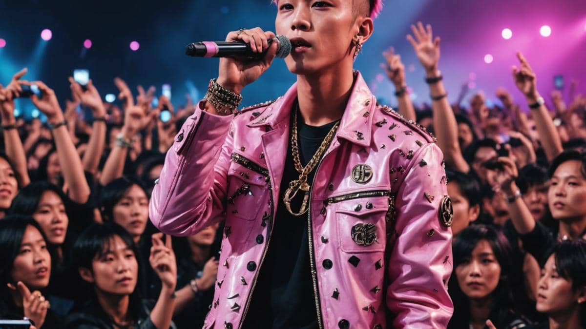 G-Dragon on stage at Head in the Clouds 2025, center stage, photorealistic editorial style, dramatic lighting with colorful LED screens behind him, crowd waving branded light sticks in foreground, G-Dragon wearing a lion-embroidered Gucci jacket and pink spiked hair, intense festival energy with fans in awe, main subject clearly centered and in sharp focus, clean stage background.