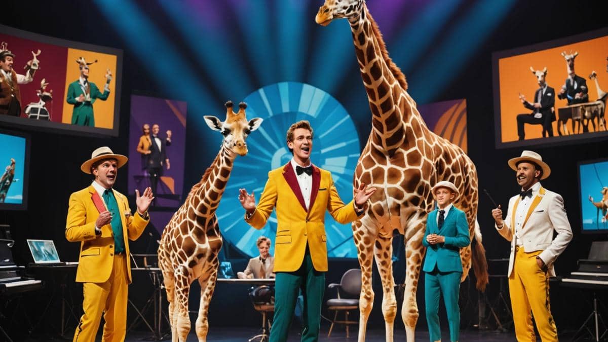 Mask Singer: ¿Por qué sigue atrapándonos después de siete temporadas? A dynamic television studio set for a singing competition, with four colorful costumed performers (a Giraffe, Kitten, Swan, and Cow) standing at the center under dramatic stage lighting. A lively host interacts with an enthusiastic jury panel, including a guest in a pilot costume. The atmosphere is electric and celebratory, capturing suspense and glamour in sharp editorial style. All main subjects are clearly centered and in focus; background features vibrant digital screens with show logos.