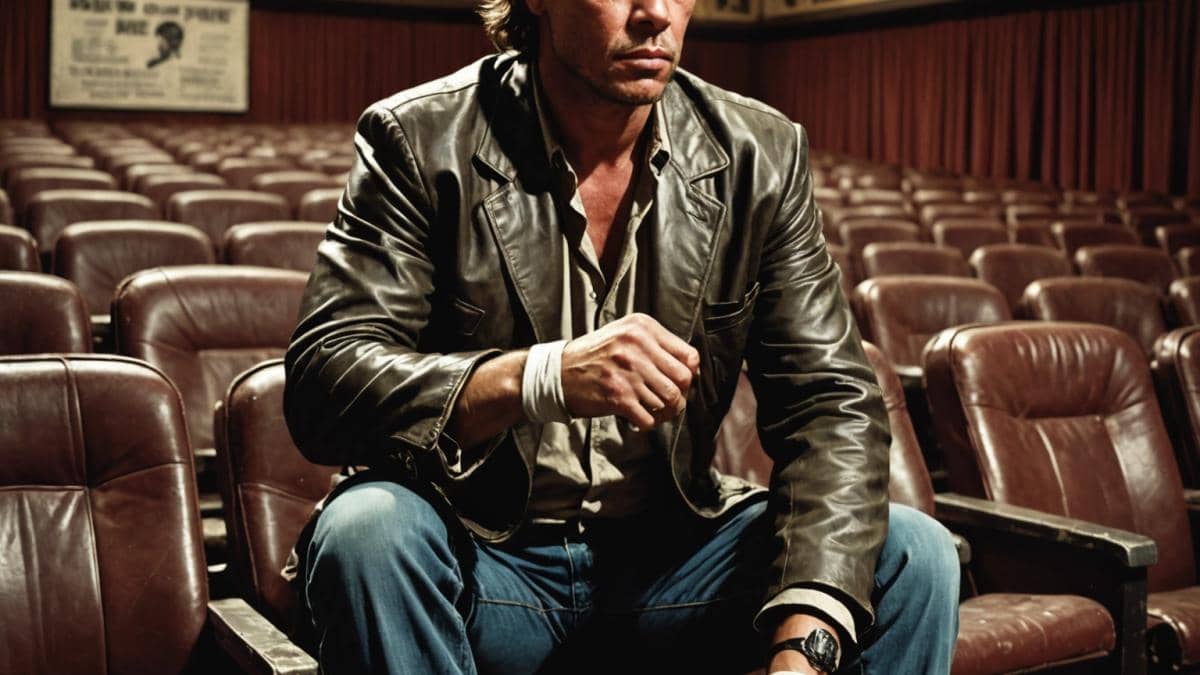 Mickey Rourke: el mito caído que Hollywood nunca supo salvar (ni él mismo) Mickey Rourke, seated alone in a dimly lit, vintage movie theater, photorealistic editorial style. He gazes pensively at the empty rows ahead, his hands clasping an old boxing glove and a crumpled movie script. The atmosphere is nostalgic and melancholic, with classic film posters and boxing memorabilia surrounding him. Center-focused composition with sharp detail on Rourke's weathered face, subtle shadows highlighting both resilience and vulnerability.